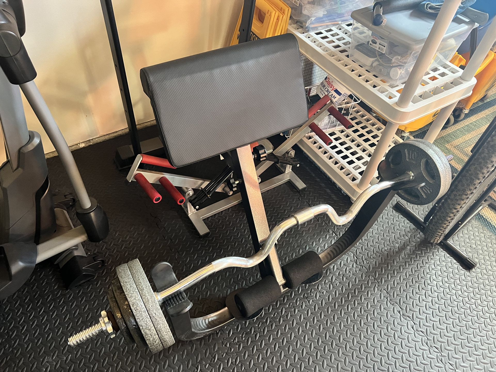 Preachers Bench, Super EZ Curl Bar And 65 Plate Weights Combined For Sale. 