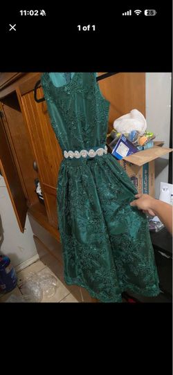 Green Lace Formal Dress with Rhinestone Belt