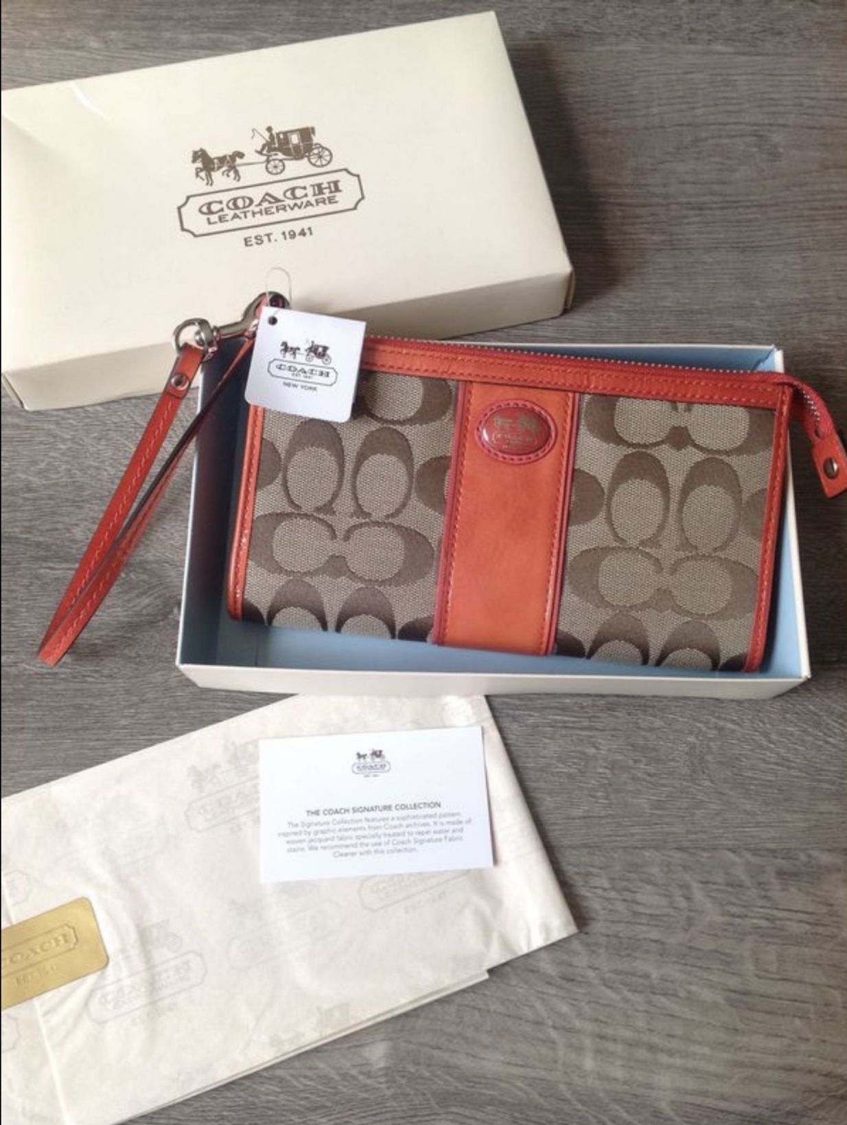 COACH Signature Coral & Tan Wristlet Wallet