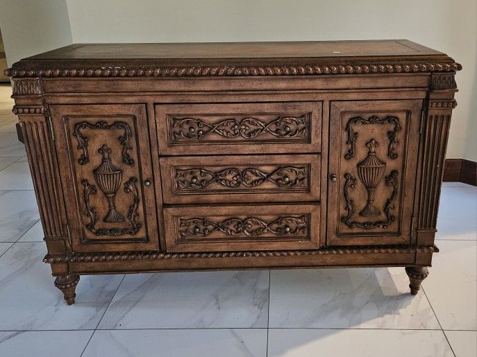 Solid Wood Spanish Revival Buffet Sideboard Cabinet.