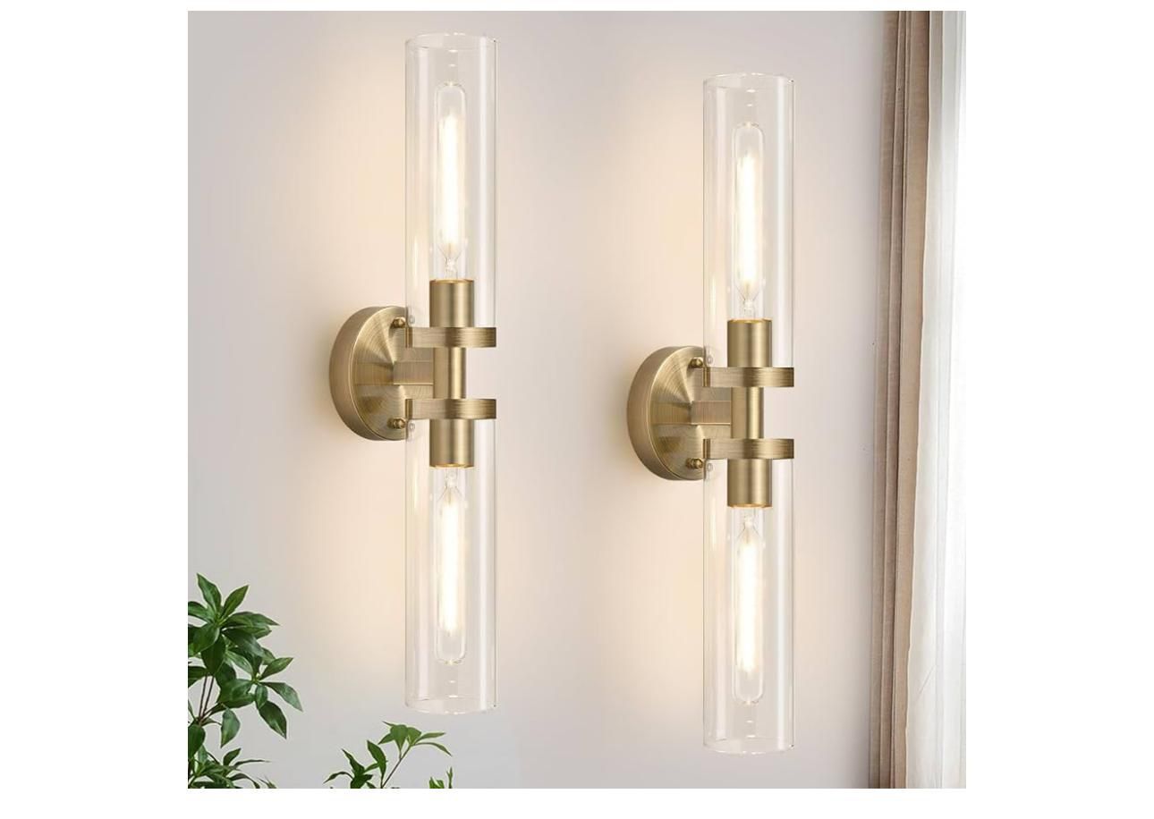 Wall Sconces Set of Two, Hardwired Brass Bathroom Sconces Wall Lighting with Clear Glass