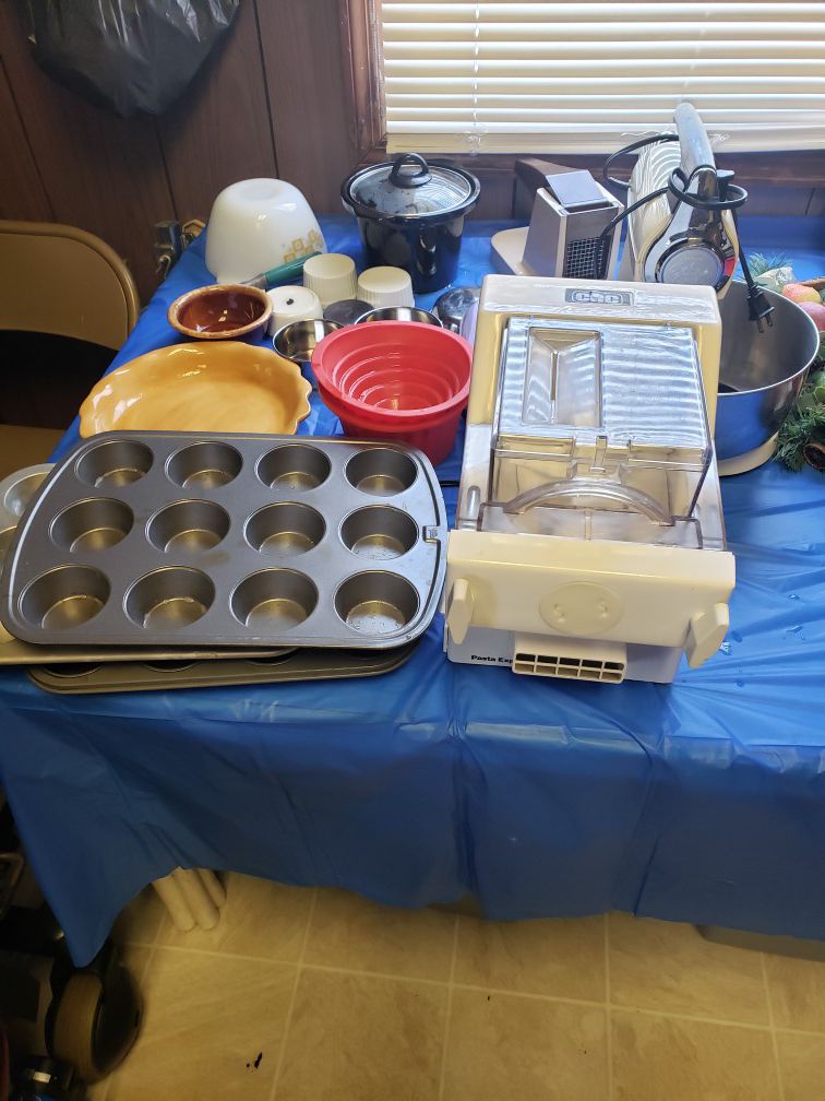 Kitchen ware, pasta machine, mixer, muffin pans, etc