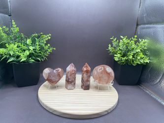 64 G 1.8 Inch Small Fire Quartz Heart, 115 G 2 Inch Palm Stone, 64 G 2.6 Inch Tower, 62 G 2.7 Inch Tower Bundle