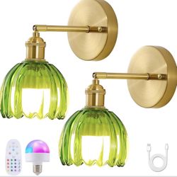 Vintage Battery Operated Wall Sconce 2 Pack, Green Tulip