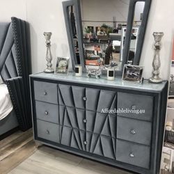 Grey Velvet Dresser W/ Acrylic Crystal Knobs Brand New In Box 