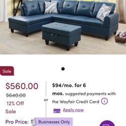 Blue Living Room L-shape Sofa Set With Ottoman
