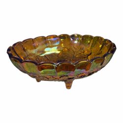 Vintage Amber Carnival Glass Fruit Bowl w/ Feet – Iridescent Grapes Design
