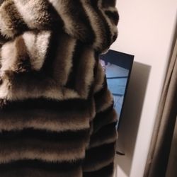 Mens Brown&White Chinchilla Faux Fur Jacket