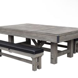 Hathaway Logan 7-ft Pool Table Combo Set with Benches - Rustic Gray with Blue Felt, Barnwood