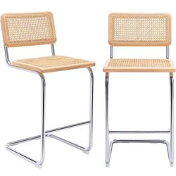 24.3" Rattan Counter Stools Set of 2, Counter Height Bar Stools, Mid Century Modern Bar Stool with Cane Backrest & Seat, Armless Bar Chairs with Metal