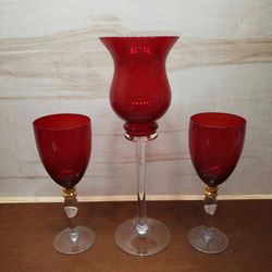 Hurricane Pillar Votive Tall Candleholder Two Wine Glasses Gold Accent On Stem