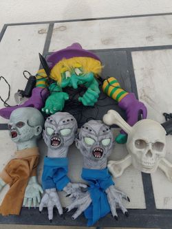 Vintage Halloween Zombie Alien Puppets, skull  crossbones and witch lot of 5