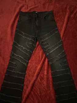 Black distressed jeans with horizontal frayed stripes, size 34 #distressed #denim
