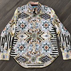 Robert Graham Shirt Embroidered Flip Cuff Sz L Geep Kaleidoscope Paisley Stripe