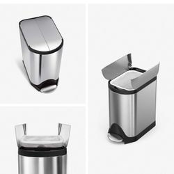 simplehuman 10 Liter / 2.6 Gallon Butterfly Lid Bathroom Step Trash Can, Brushed Stainless Steel with Black Trim