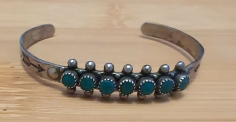 Vintage Fred Harvey Era Turquoise Sterling Silver Childs Cuff Bracelet Arrows