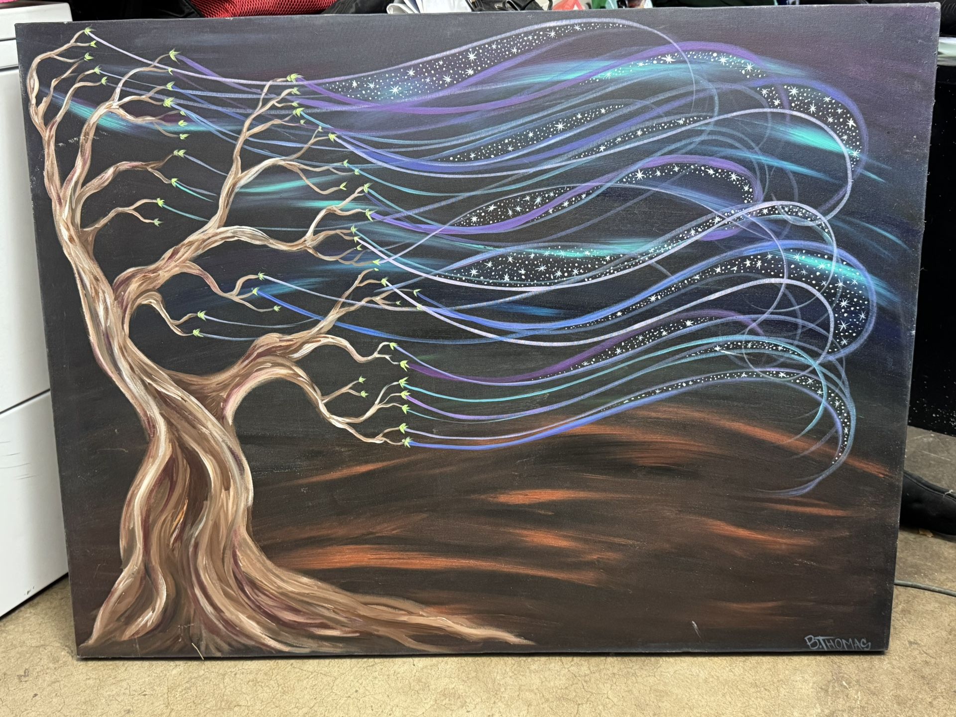 Mother Natures Whimsical Starry Night Tree Hand Painting On Canvas XXL Large Mounted