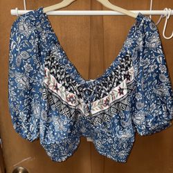 Joie Blue Bohemian Peasant Crop Top Size Medium NWT 