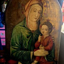 Vintage Large Handpainted on Wood " Madonna And Child Blessing " 30"×20"