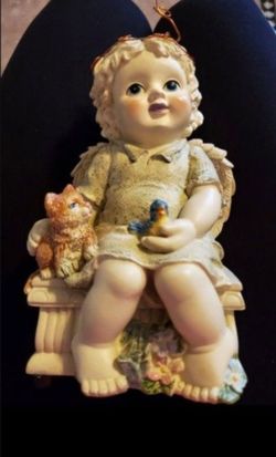 Musical Resin Child Figurine Ornament with Cat and Bird