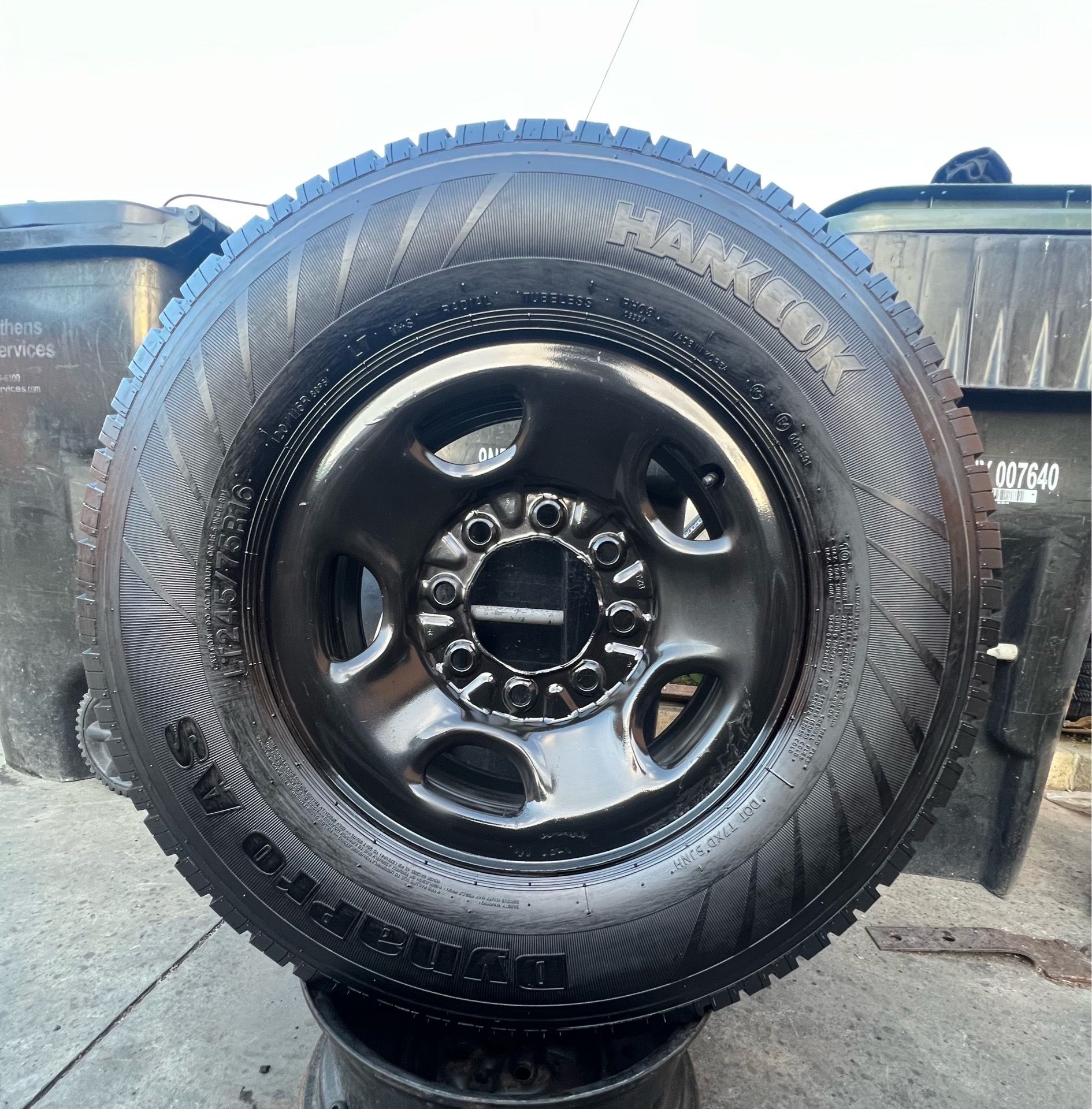 1 GOOD USED RIM & TIRE FOR SPARE CHEVY SILVERADO 16X6 1/2 8X6.5 LT245/75R16 10ply HANKOOK TIRE $50 PICKUP ONLY