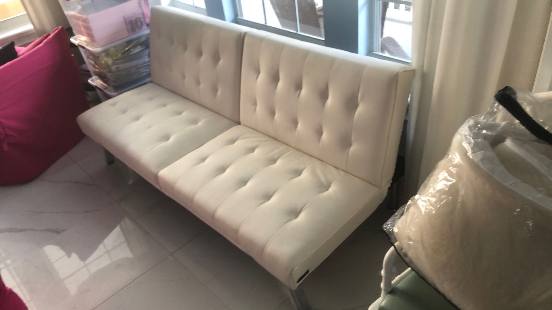 Leather Foldable Futon Sofa Bed Ivory