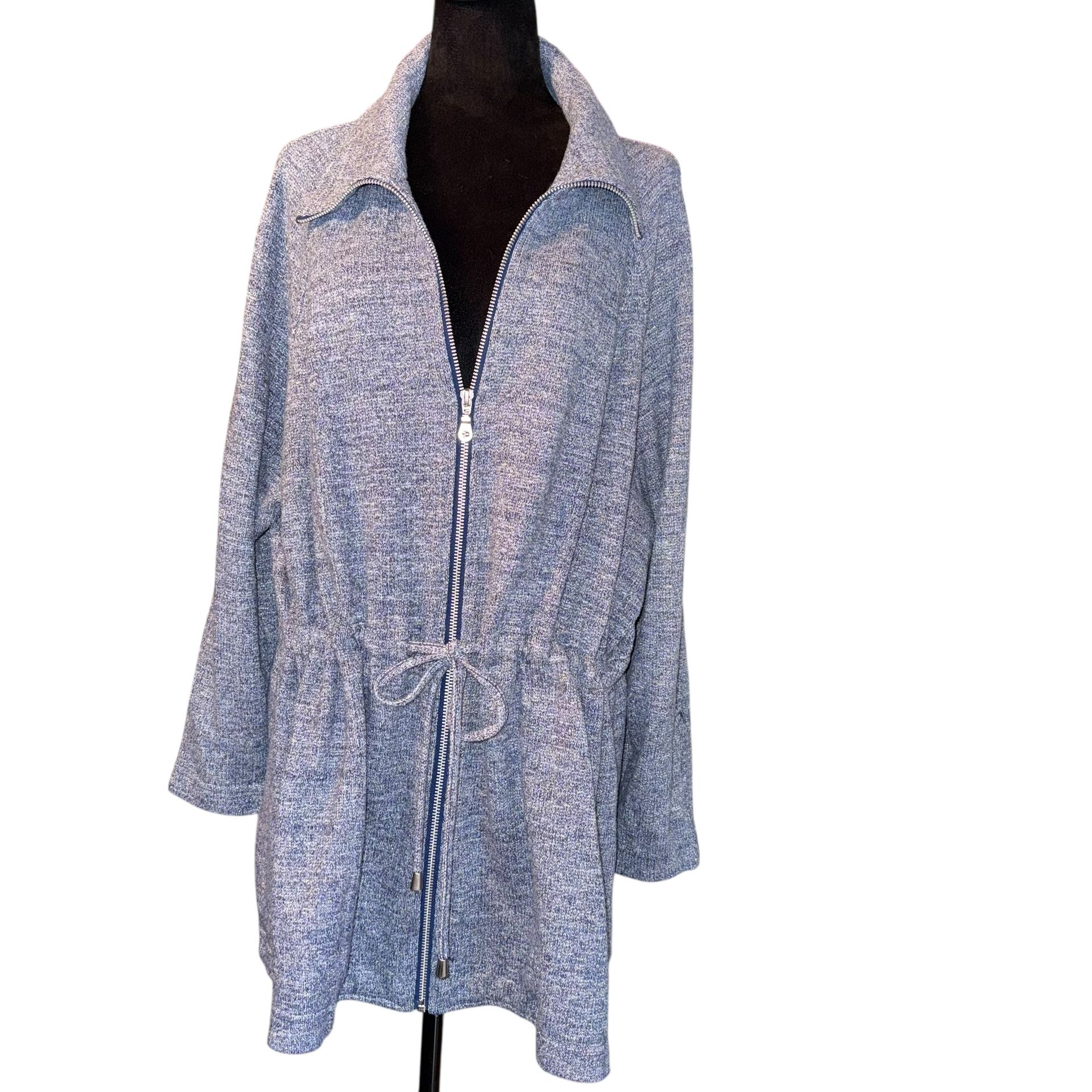 CJ Banks Blue Metallic Jacket Sweatshirt Women Size 3X Full Zip Drawstring Waist Drawstring waist. The buttons on the sleeves were removed, could be
