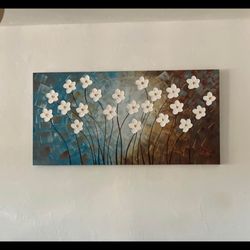 Modern 3D Floral Canvas Wall Art - Blue & Brown Abstract Flower Painting