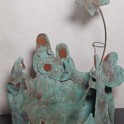 Aged Bronze Metal Cutout Nativity Shadow Taper Candle Holder Christmas Holiday