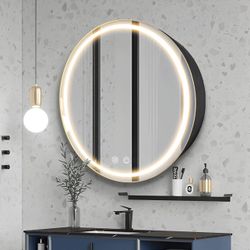 26inch Round Medicine Cabinet with Lights,Led Medicine Cabinet with Defogger,Illuminated Mirror Cabinet for Bathroom,Dimmable,Anti-Fog,3000k-6500K Col
