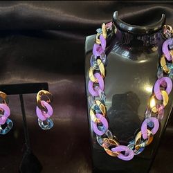 Purple Blue Gold Chain Necklace & Earring Set