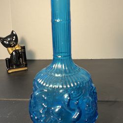 Empoli Italy Vintage MCM Zodiac Signs Blue Glass Bottle Decanter, 4.5x9.5” 