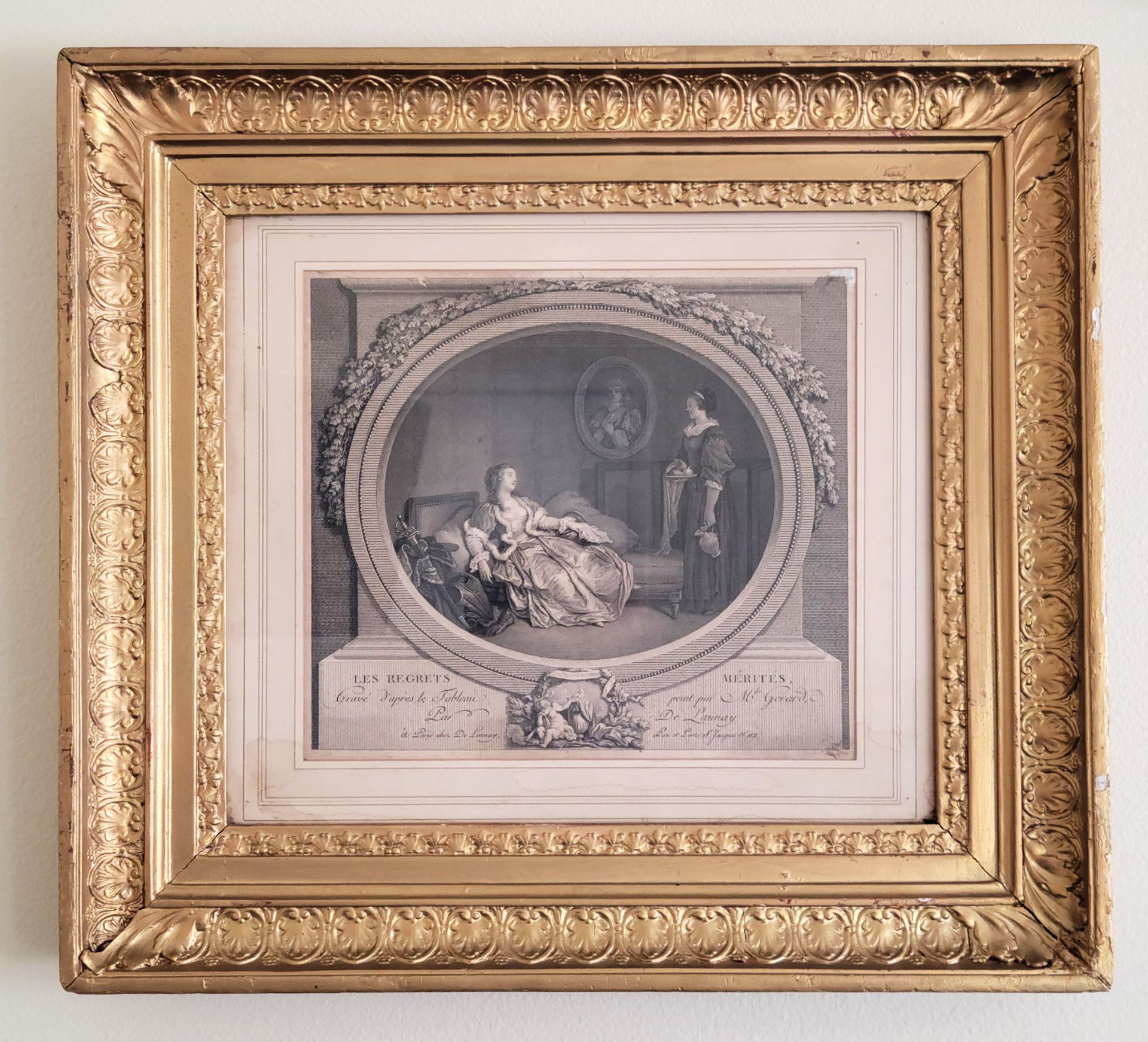 Marguerite Gerard Les Regrets Merites Antique Rococo Engraving 22x20 Framed