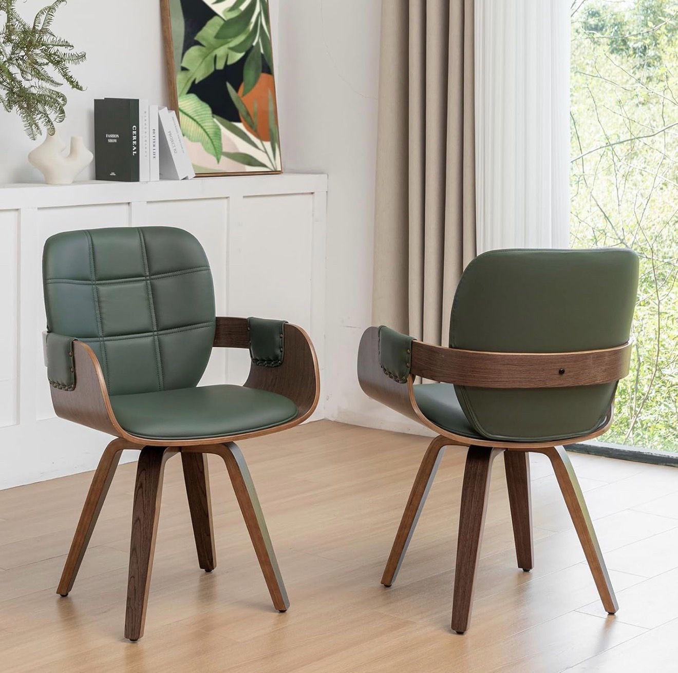 Set of 2 MCM dining Chairs - Swivel Faux Leather Dining Chairs with Arms and Curved Back, Bentwood Structure, Walnut Craftsmanship, Versatile for Kitc