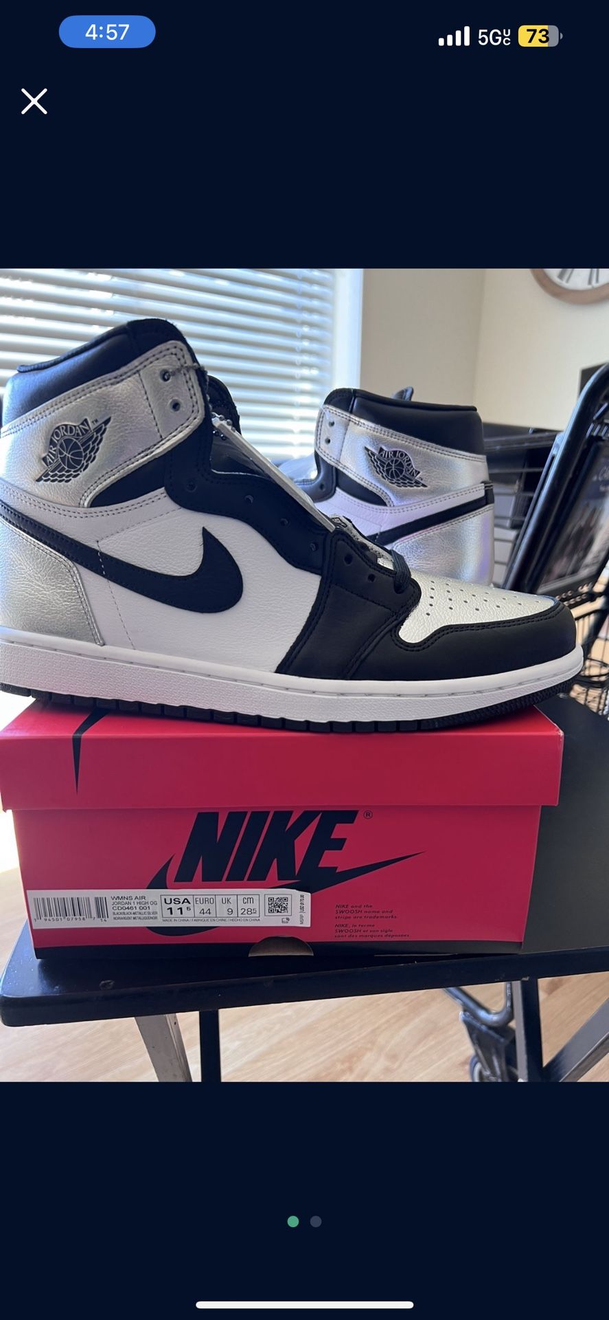 DS Jordan 1 Retro “Silver Toe” Womens Size 11.5(M 10)