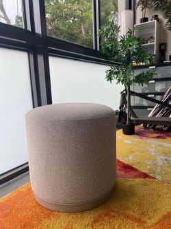 Modern Round Upholstered Ottoman – Neutral Beige/Taupe with Wood Base (Two)