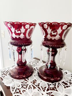 pair of red bohemian crystal Mantel Luster 14" Tall