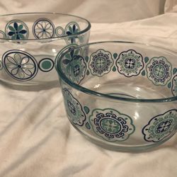 Set of 2 Vintage Pyrex Bowls Clear Glass Serving Bowls Blue Teal Floral Pinwheel