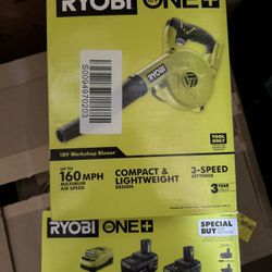 RYOBI 18V Cordless Compact Workshop Blower + 2.0 Ah and 4.0 Ah Batteries + Charger
