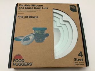 Food Huggers Silicone & Glass Snap Bowl Lids Set of 4 Aqua Clear 3.75-7.75" New