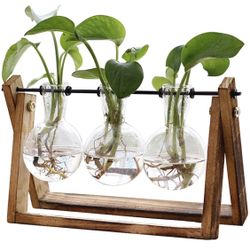 New-Plant Terrarium with Wooden Stand, Air Planter Bulb Glass Vase Metal Swivel Holder Retro Tabletop- 3 Bulb Vase