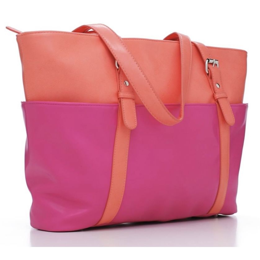 Buxton Color Block Tote Bag Handbag Pink Orange Laptop Casual Purse Zippered NWT   Fits Laptops Up To 15.6"  BUXTON  COLOR BLOCK TOTE  • Padded laptop