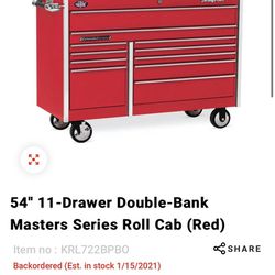 SNAP ON 54" 11-Drawer Double-Bank Masters Series Roll Cab (Red)