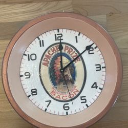 Vintage “Apache Prize Bacon” Label Pie Tin Clock  (Upcycled/Repurposed)