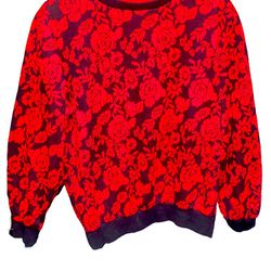 Womans Medium Red Roses Black Sweatshirt Top Cardigan 102A Cape Cod Sportswear