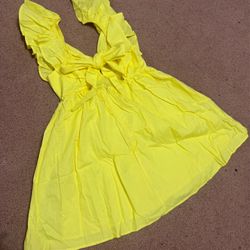 New small yellow short ruffle mini bow dress boho