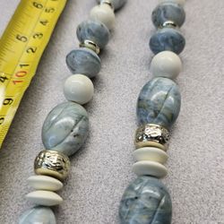 Vintage Beaded Necklace Blue White Marbled Glass Beads Silver Tone Spacers