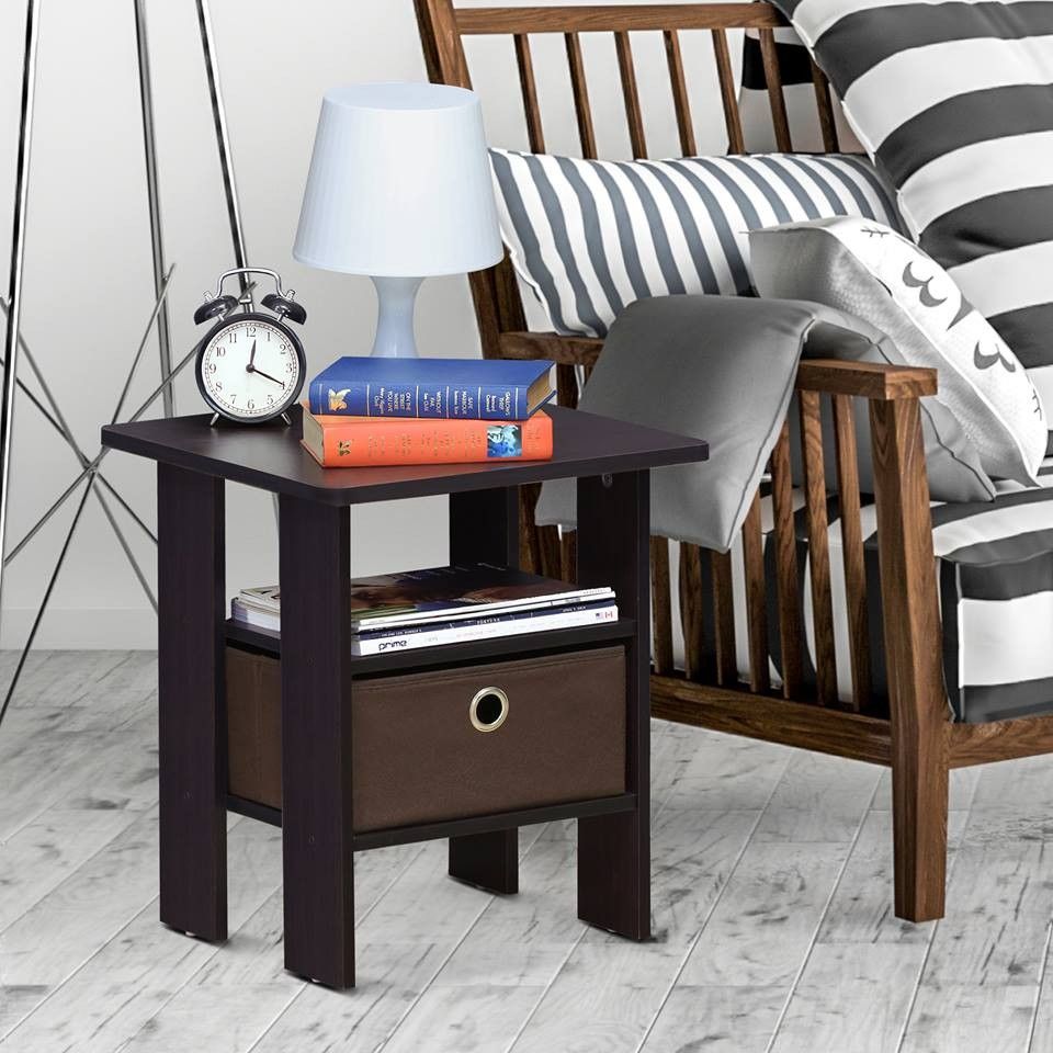 Furinno Andrey USB And Type-C Port Charging Station End Table With Storage Bin Flagstaff Oak Black