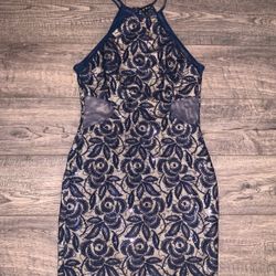 As U Wish Tan-Beige/Navy Floral Lace Overlay, Sequins, & Sheer Mesh Sides & Back Formal Body-Con Dress