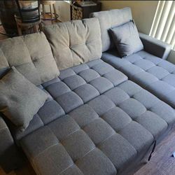 GrayLinen Sectional Sofa W/storage Chaise And Pullout Bed